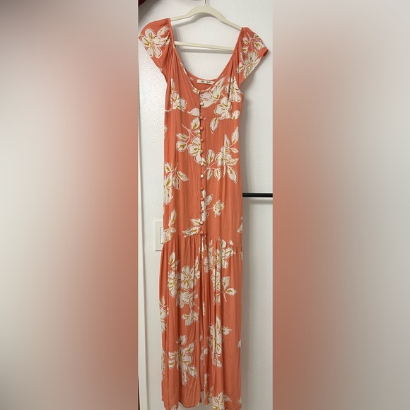 Rip Curl Button-Front Maxi Dress in Coral and White Floral - Picture 2 of 5